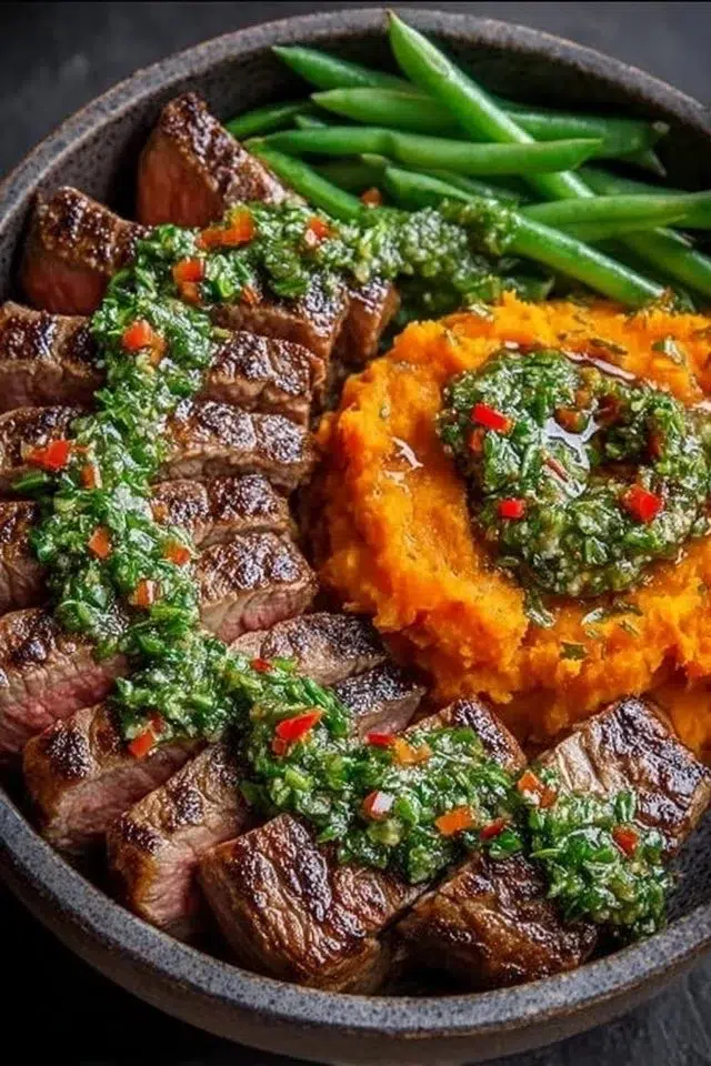 Steak Bowl with Sweet Potato Mash & Garlic Green Beans
