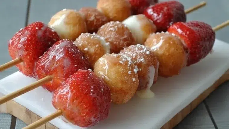 Delicious strawberry donut kabobs arranged on a platter