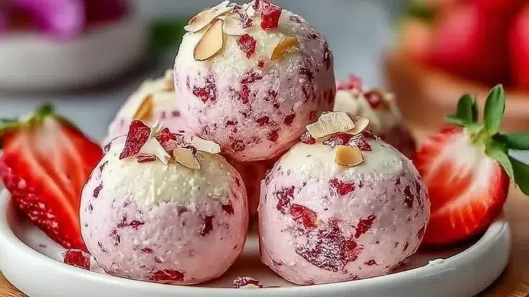 Delicious Strawberry Cheesecake Protein Balls for healthy snacking