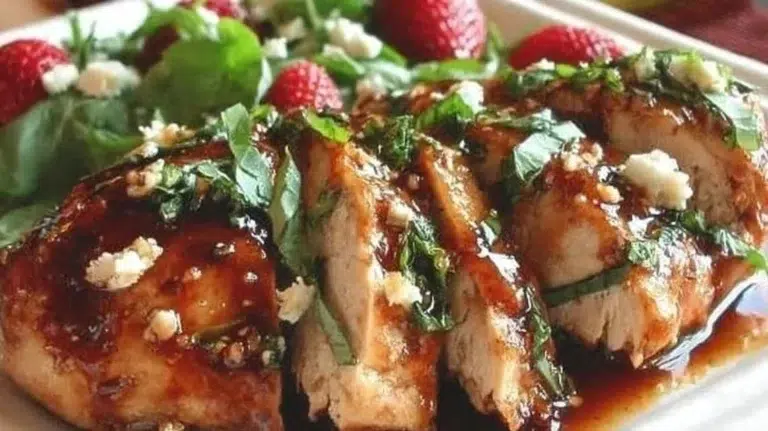 Delicious Strawberry Chicken served with fresh strawberries and greens.
