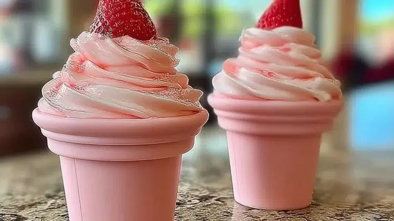 Delicious Strawberry Dole Whip topped with fresh strawberries and coconut flakes