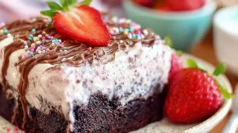 Delicious strawberry milkshake poke cake served on a plate