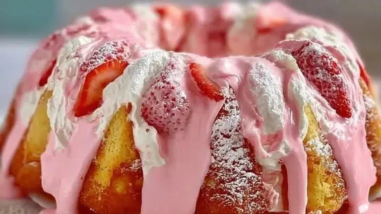 Strawberry milkshake pound cake topped with fresh strawberries and whipped cream