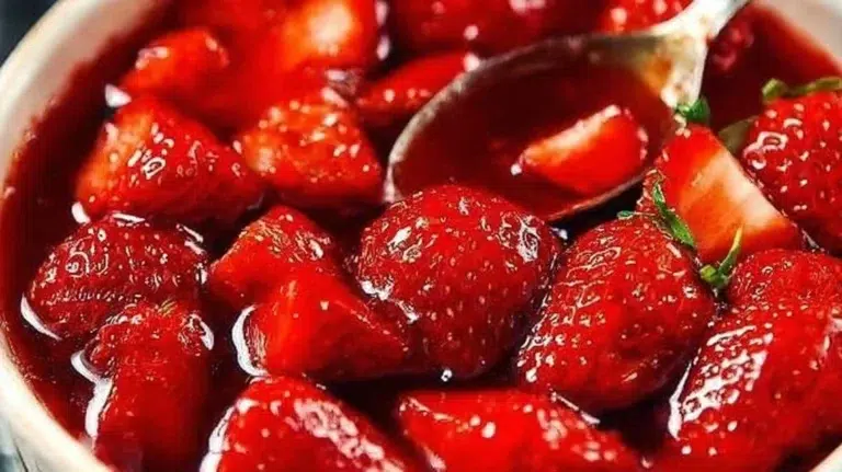 Freshly made strawberry sauce drizzled over dessert