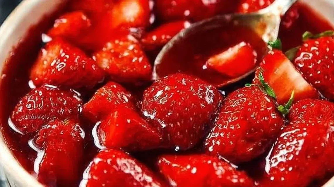 Freshly made strawberry sauce drizzled over dessert