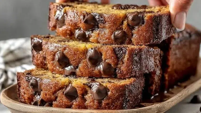 Super moist chocolate chip banana bread with chocolate chips and bananas
