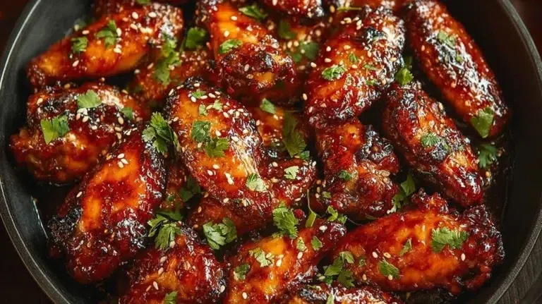 Plate of sweet and spicy chicken wings garnished with herbs