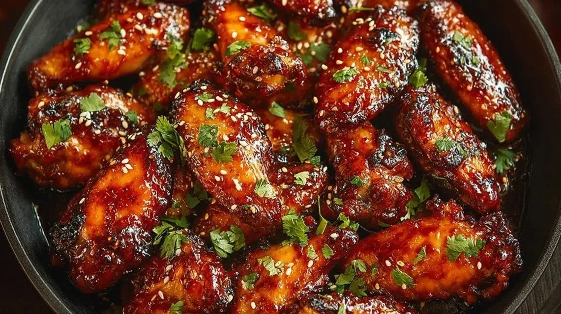 Plate of sweet and spicy chicken wings garnished with herbs