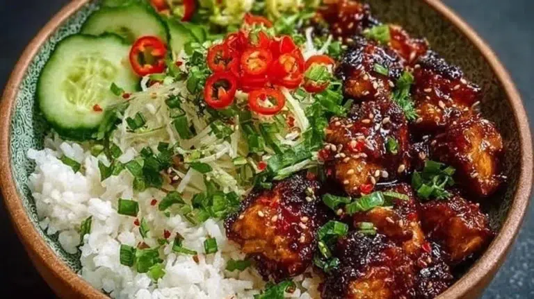 Sweet chili chicken rice bowl with colorful veggies and garnish