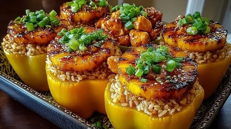 Plate of Teriyaki Pineapple Chicken and Rice Stuffed Peppers garnished with herbs