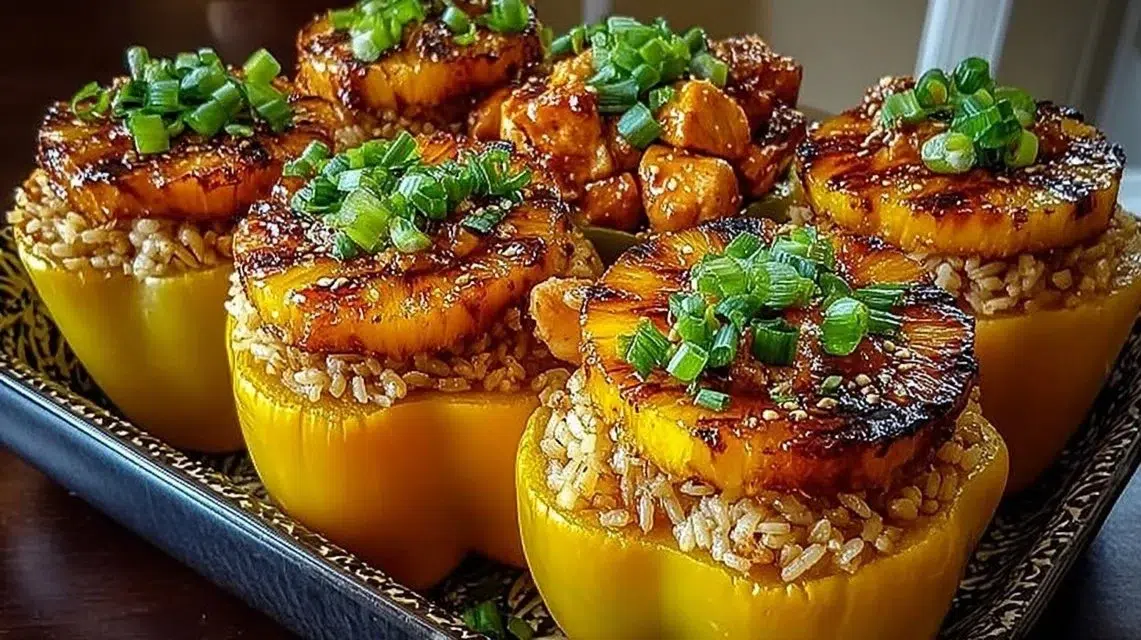 Plate of Teriyaki Pineapple Chicken and Rice Stuffed Peppers garnished with herbs