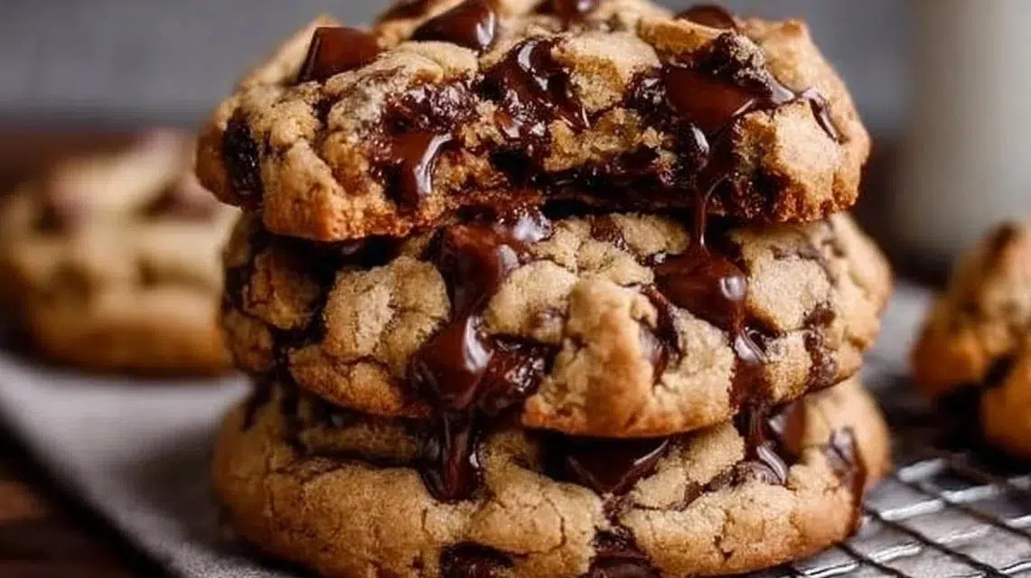 Freshly baked giant chocolate chip cookie on a cooling rack