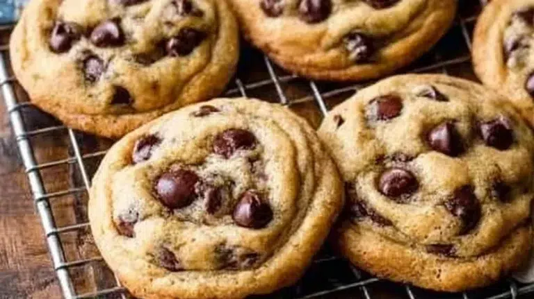 Freshly baked chocolate chip cookies on a cooling rack