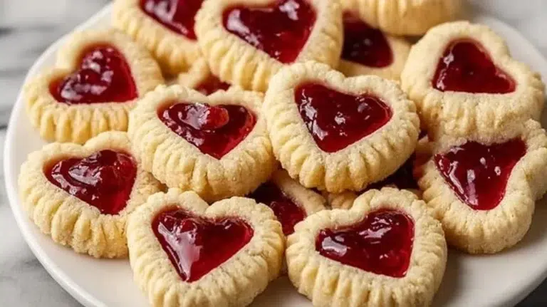 Delicious thumbprint heart cookies filled with jam on a baking tray.