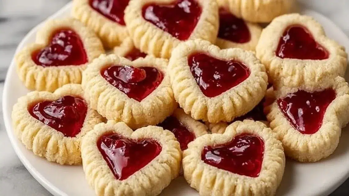 Delicious thumbprint heart cookies filled with jam on a baking tray.