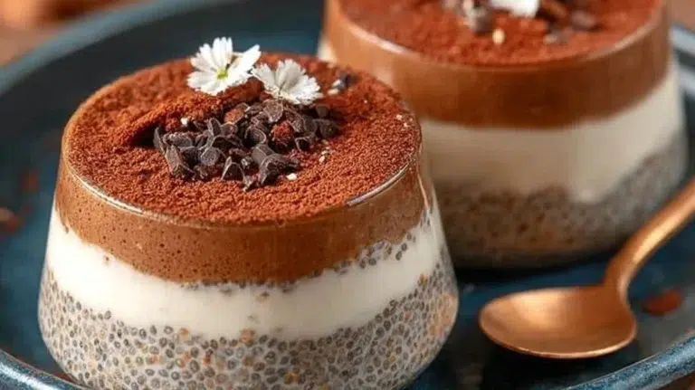 Delicious Tiramisu Chia Pudding served in a glass with Greek yogurt topping