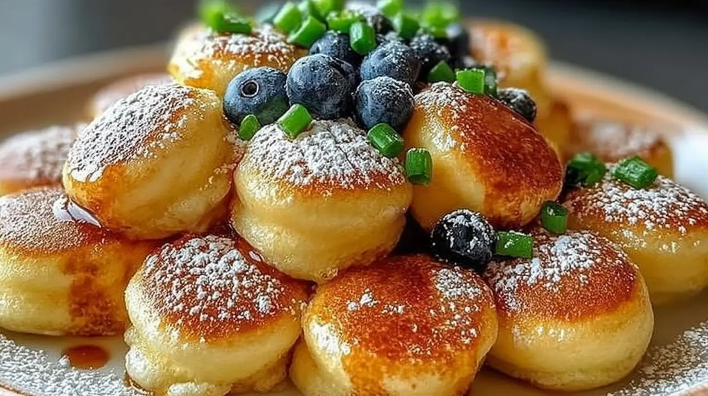 Breakfast Pancake Poppers stacked on a plate, dusted with powdered sugar and topped with fresh blueberries and syrup.
