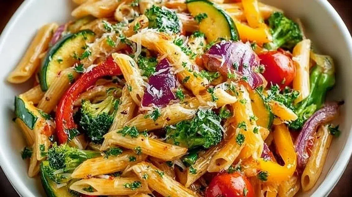 Colorful Vegetarian Pasta Primavera with fresh vegetables in a creamy sauce