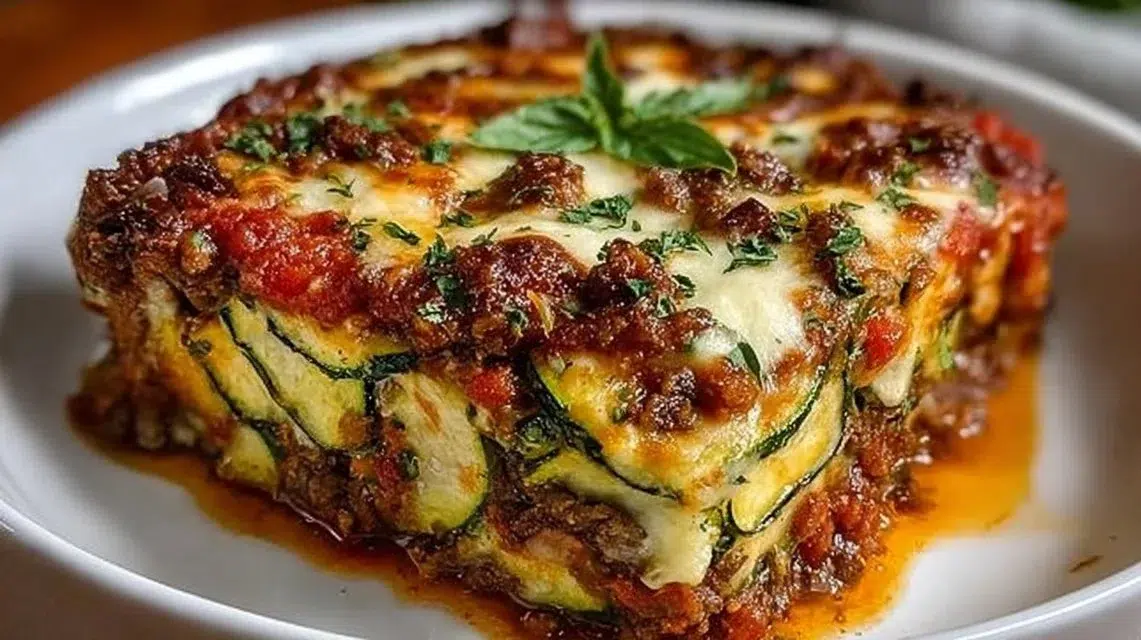Delicious Zucchini Pizza Casserole topped with cheese and fresh ingredients