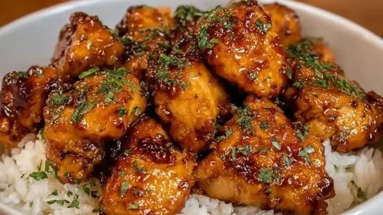 Plate of quick and easy honey garlic chicken bites garnished with herbs.
