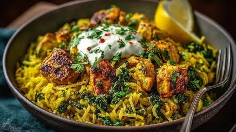 Delicious anti-inflammatory turmeric chicken served with rice, rich in flavor and health benefits.