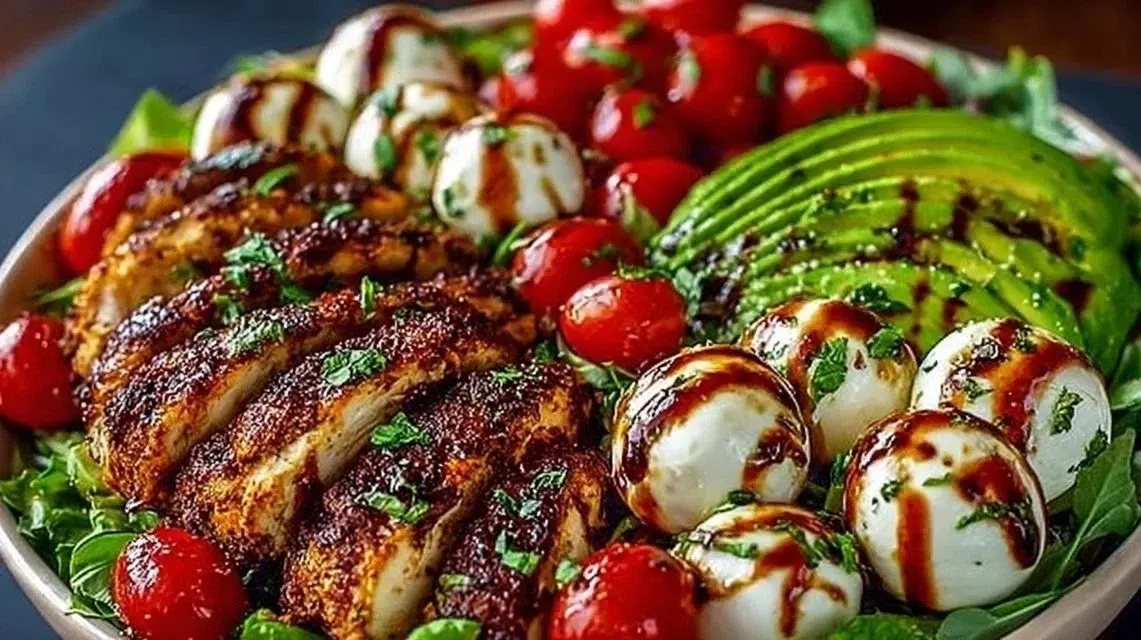 Baked marinated chicken salad with mozzarella and balsamic vinaigrette on a plate