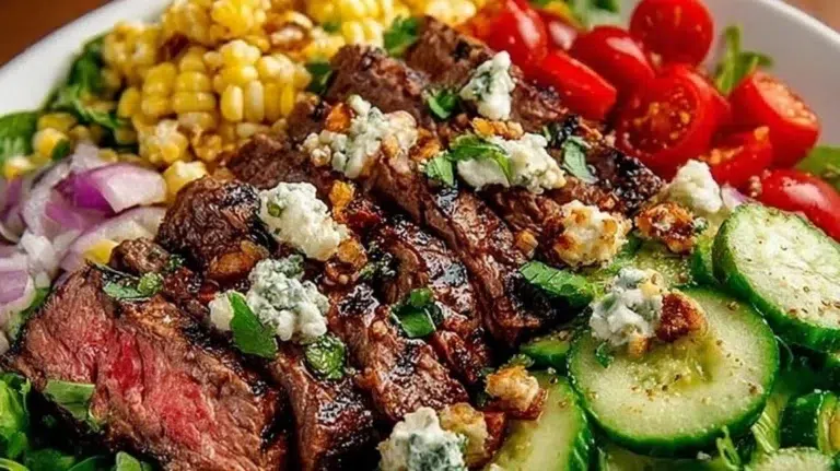 Delicious balsamic steak salad with fresh vegetables and balsamic dressing