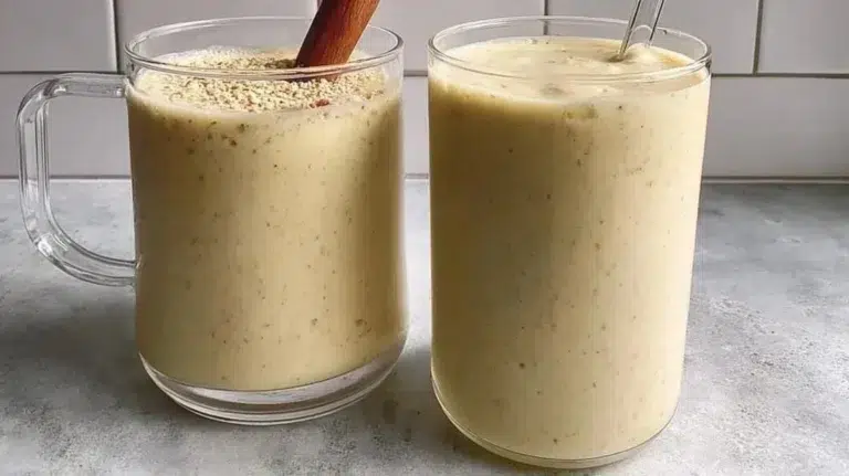 Banana date protein shake in a glass with ingredients on the side