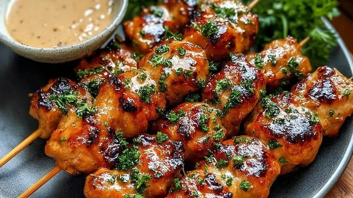 Delicious Bang Bang Chicken Skewers served on a platter