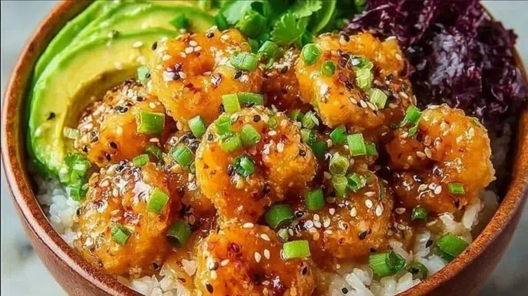 Delicious Bang Bang Shrimp Bowl with crispy shrimp in spicy sauce