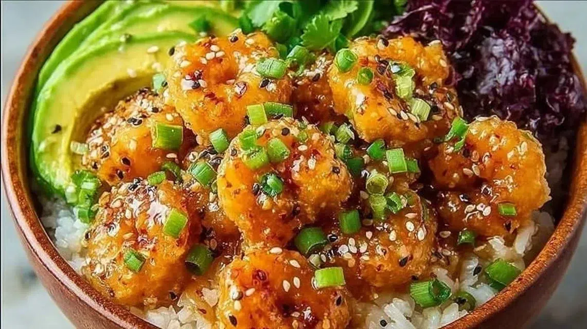 Delicious Bang Bang Shrimp Bowl with crispy shrimp in spicy sauce