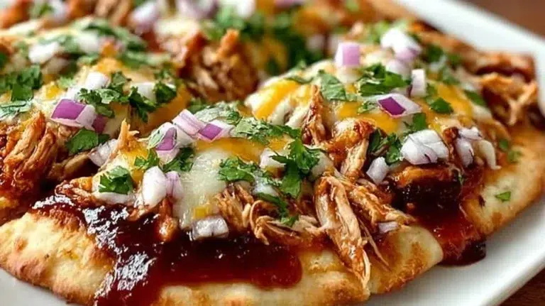 BBQ Chicken Flatbread topped with fresh ingredients and drizzled with barbecue sauce