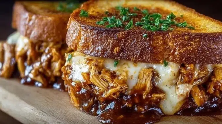 BBQ Chicken Grilled Cheese Sandwich with melted cheese and crispy bread