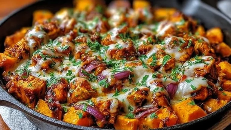 BBQ chicken sweet potato skillet served in a colorful one-pan dish
