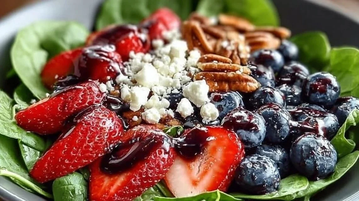 Delicious Berry Spinach Salad topped with pecans, feta cheese, and balsamic glaze