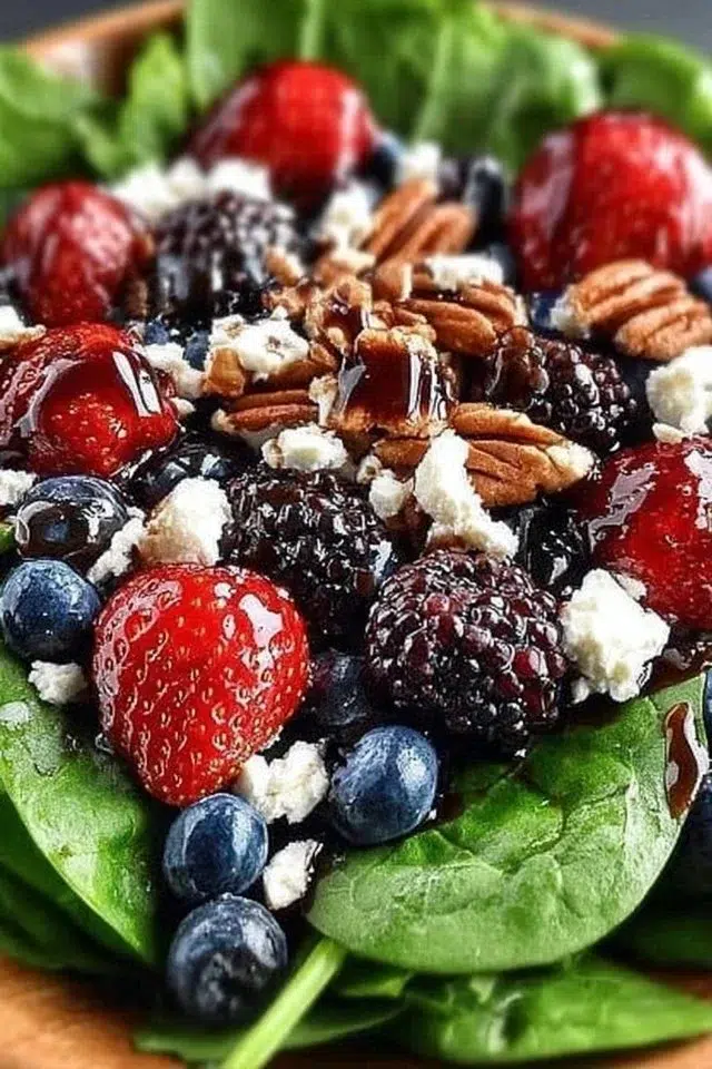 Berry Spinach Salad with Pecans, Feta, and Balsamic Glaze
