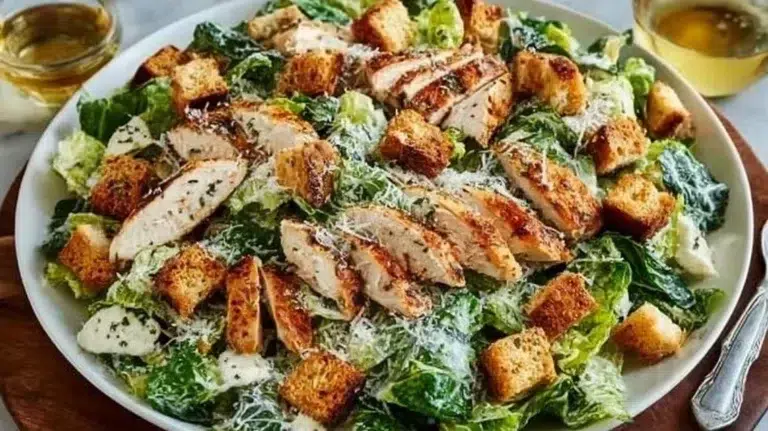 Delicious Chicken Caesar Salad with grilled chicken, romaine lettuce, and Caesar dressing