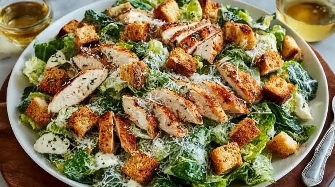 Delicious Chicken Caesar Salad with grilled chicken, romaine lettuce, and Caesar dressing
