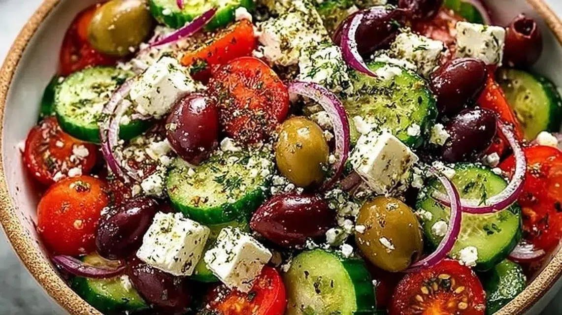 Delicious Greek salad with tomatoes, cucumbers, olives, and feta cheese