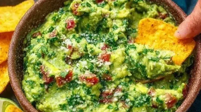 Bowl of fresh homemade guacamole with ingredients around it