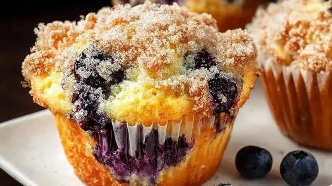 Freshly baked blueberry muffins with plump blueberries on a rustic wooden table