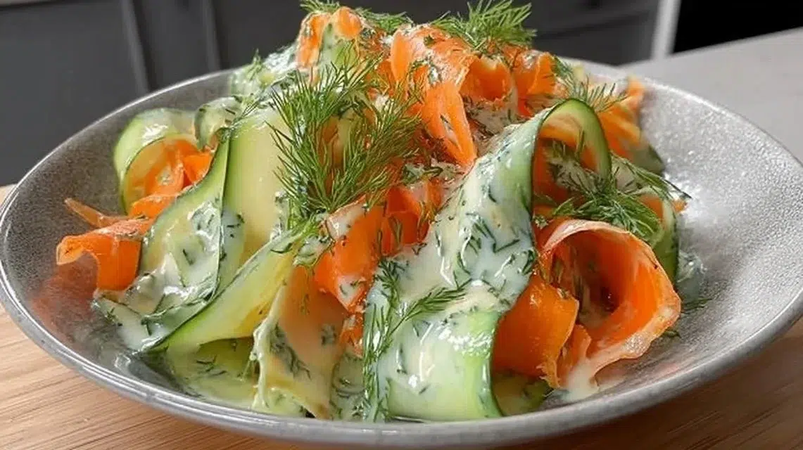 Colorful Carrot & Cucumber Ribbon Salad served in a bowl, fresh and nutritious.