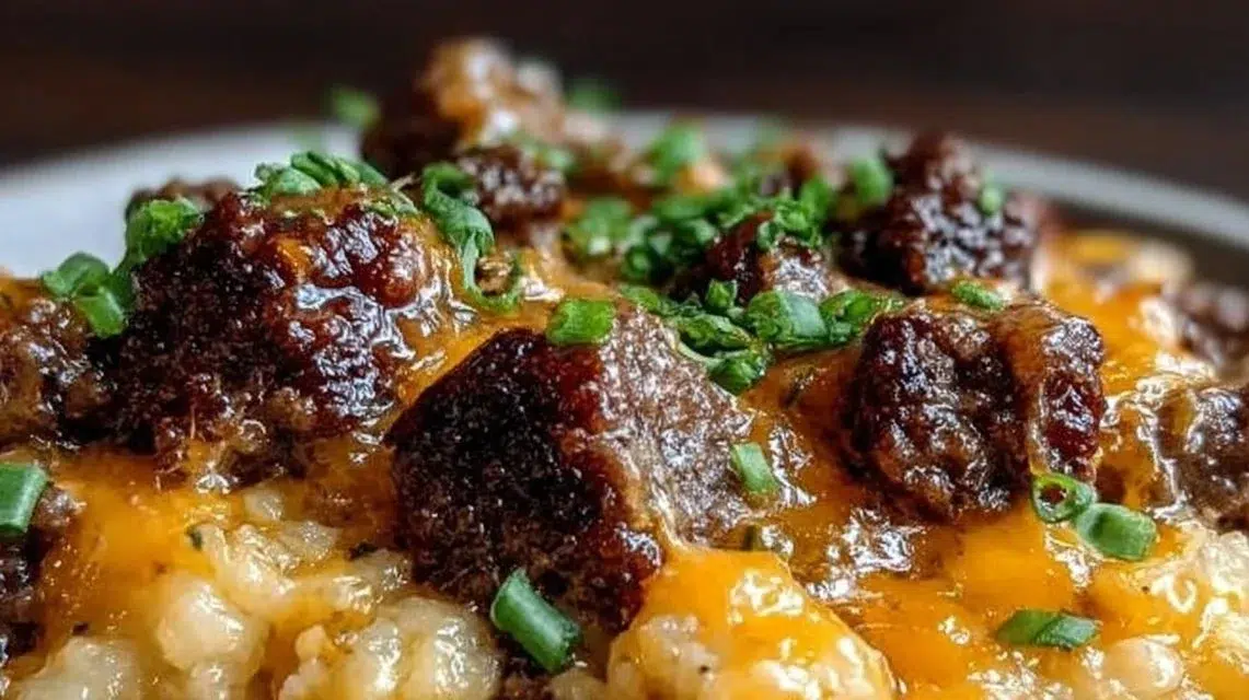 Cheesy Beef Bowl with melted cheese and tender beef served in a bowl