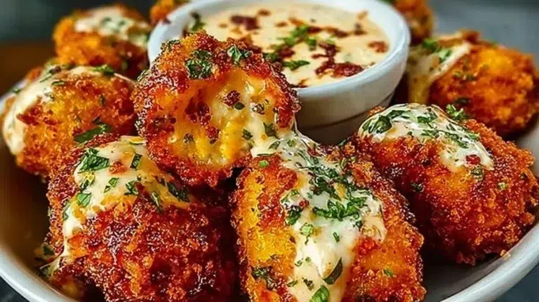 Cheesy jalapeño ranch chicken poppers served with creamy dip on a plate