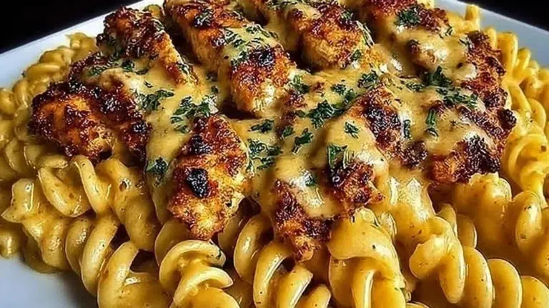 Cheesy Rotini with Garlic Parmesan Chicken served in a bowl