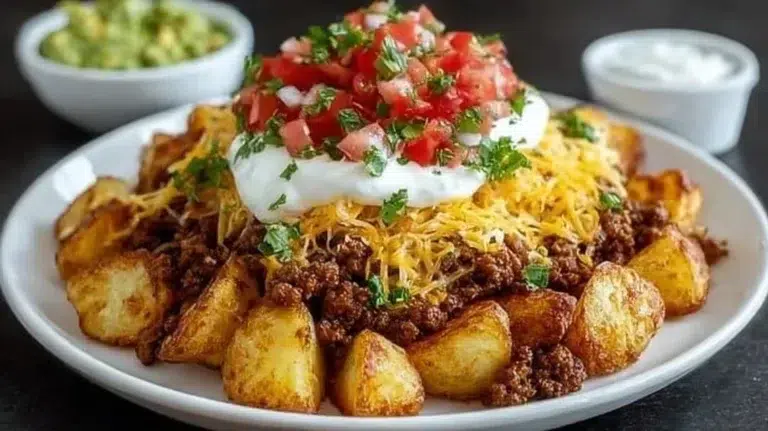 Cheesy taco potatoes topped with melted cheese and spices, served in a bowl.