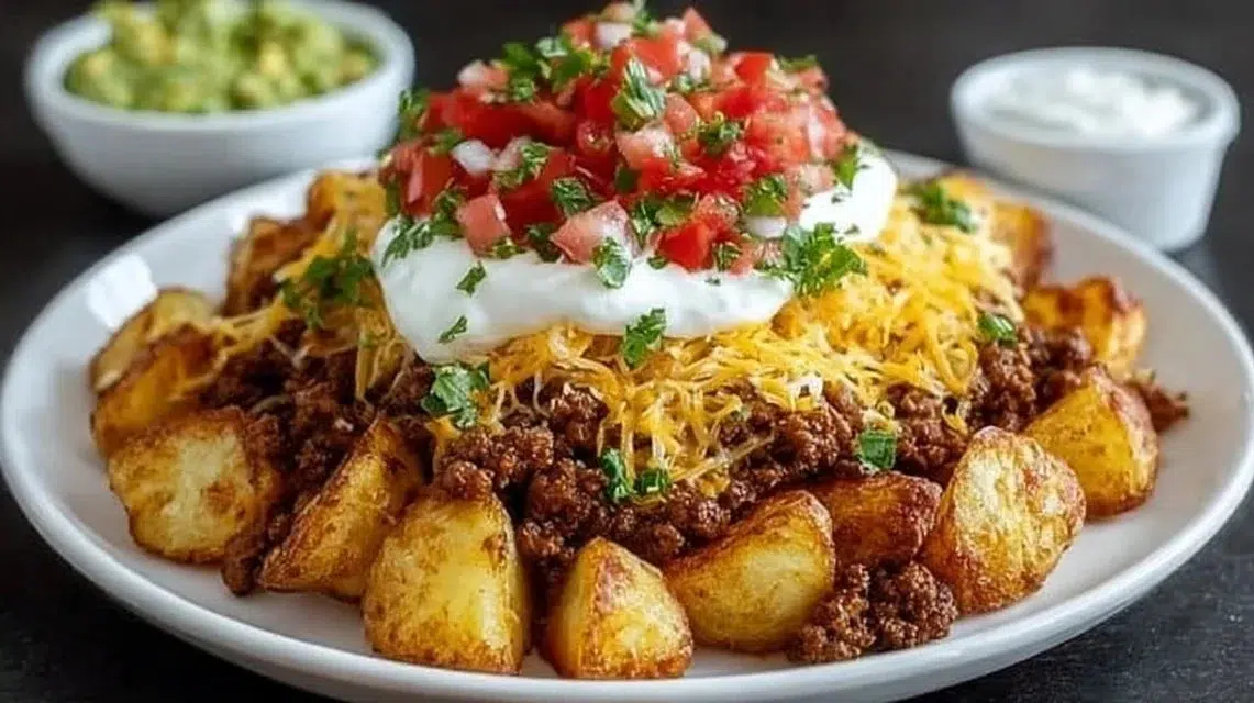 Cheesy taco potatoes topped with melted cheese and spices, served in a bowl.