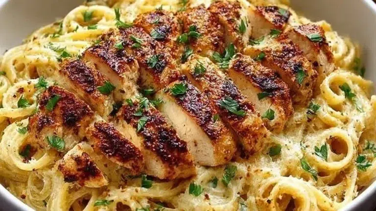 Delicious Chicken Garlic Parmesan Pasta served in a bowl with herbs and cheese