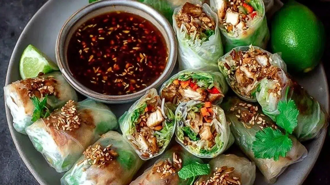 Crispy Chicken Spring Rolls filled with fresh veggies and savory chicken
