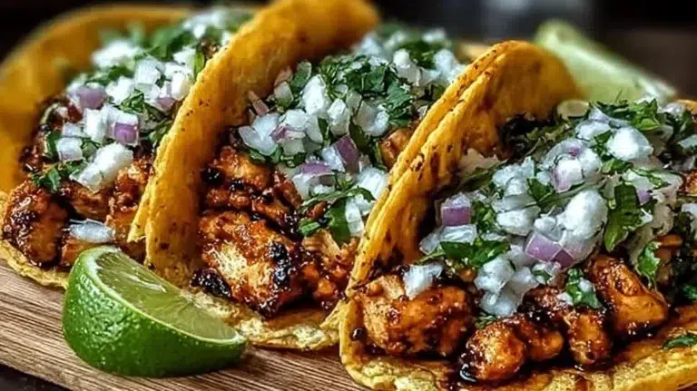 Delicious Chicken Street Tacos served with fresh toppings and sauces